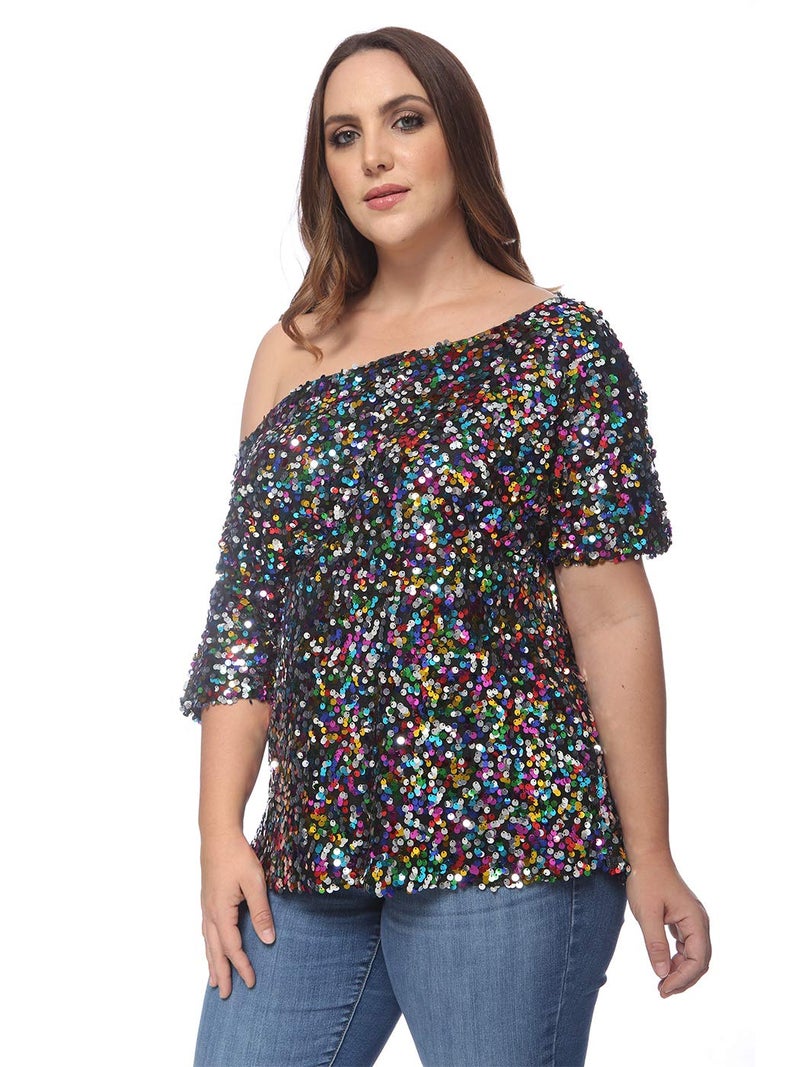 Anna-Kaci Women's Plus Size Sequin Sexy One Shoulder Short Sleeve Party Club Top, Multicolored, Large - Image 4